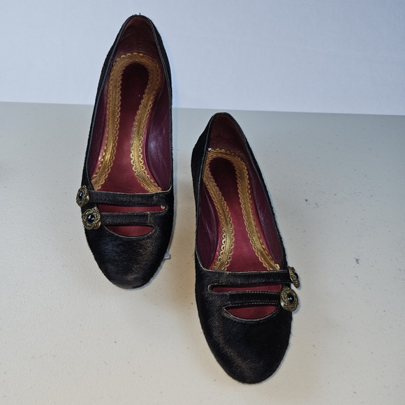 Vintage J Vincent Kitten Heel Shoe Black Calf Hair Womens 6.5 Medallion Dressy - Picture 14 of 16
